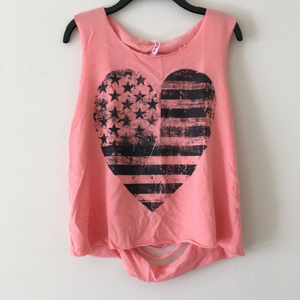 Women's Pink Shredded Back Tank Top US Flag Heart